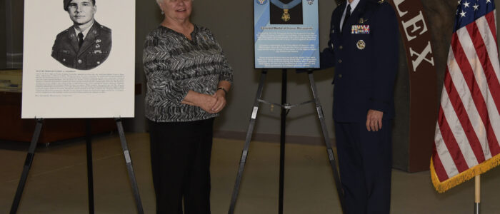 PPETERSON AIR FORCE BASE, Colo. – Terry Chapman (left), mother of Master Sgt. John Chapman, and Col. Todd Moore (right), 21st Space Wing commander, stand next to the Medal of Honor recipient plaque at the Peterson Air and Space Museum on May 20, 2019. The ceremony was held to commemorate the valor and service of Sergeant Chapman, the U.S. Air Force’s newest Medal of Honor recipient. (U.S. Air Force photo by Staff Sgt. Alexandra M. Longfellow)